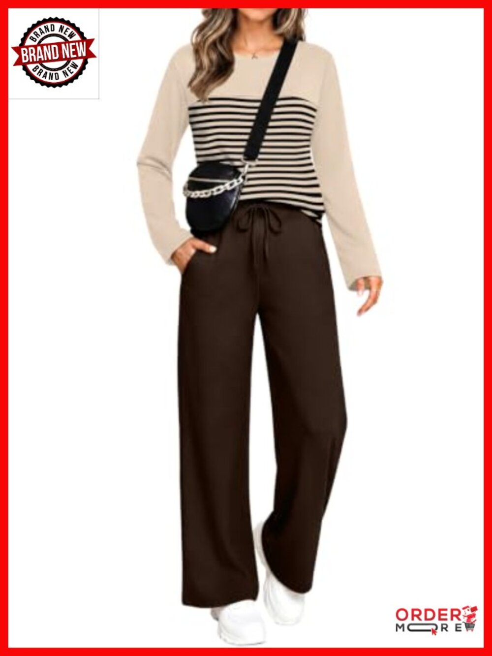 WIHOLL Two Piece Lounge Set Crew Neck Wide Leg Elastic Waist Casual Fall Travel
